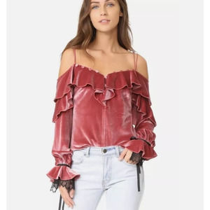 Self Portrait Velvet Off Shoulder Top 2 Womens Pink Frill Lace Long Sleeve